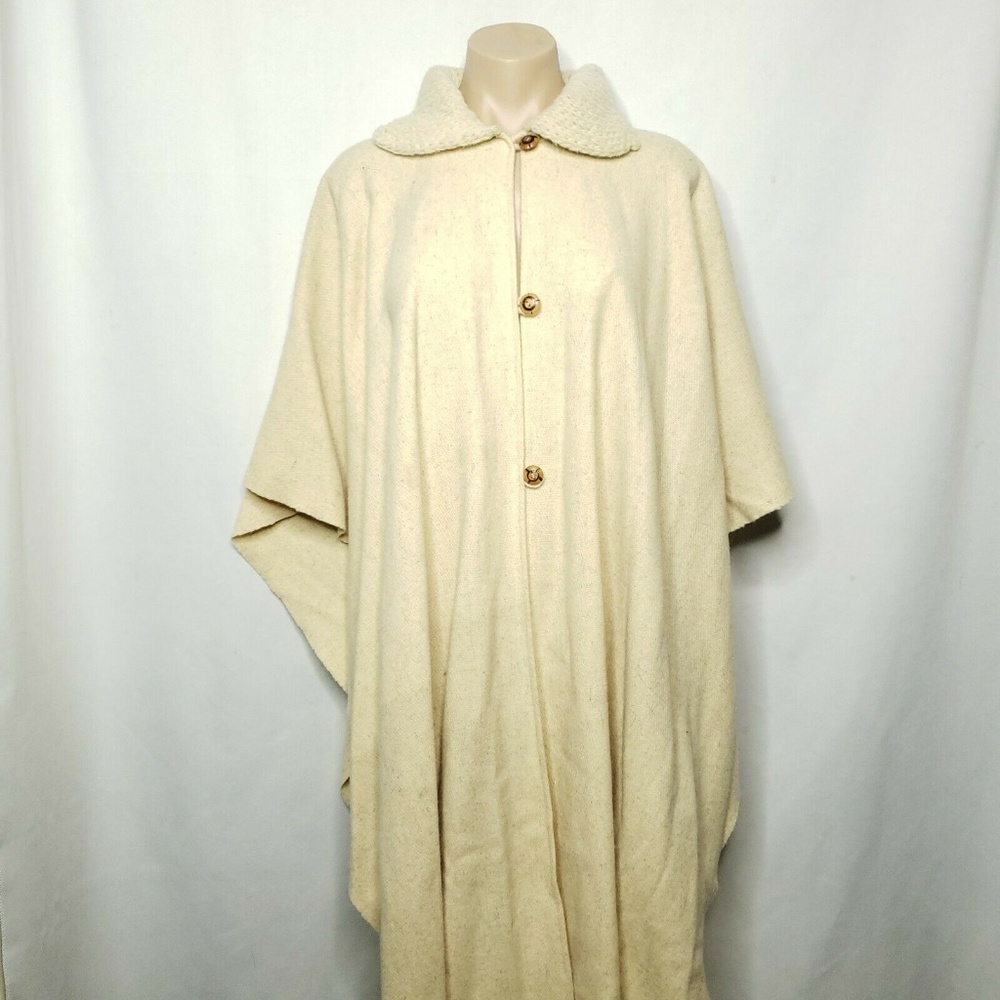 Vintage Beige Oatmeal Wool Blanket Poncho Cape - Picture 5 of 8